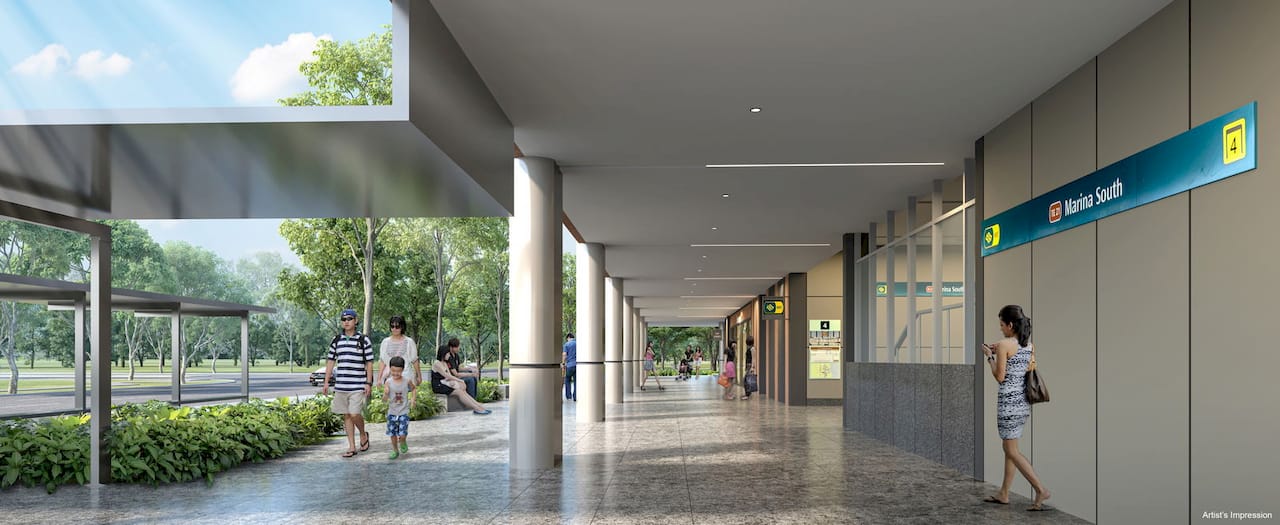 Marina South MRT covered walkway — 160m from One Marina Gardens